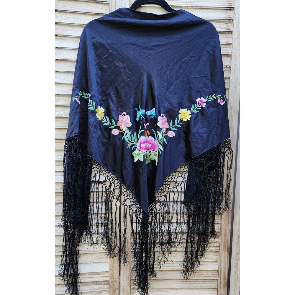 100% Silk Black Floral Embroidered Fringe Piano Shawl Wrap Classic Whimsygoth